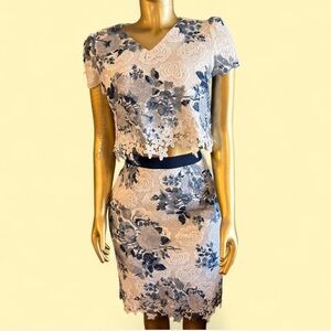 Floral Lace Two-Piece Pencil Skirt Set - White & Navy